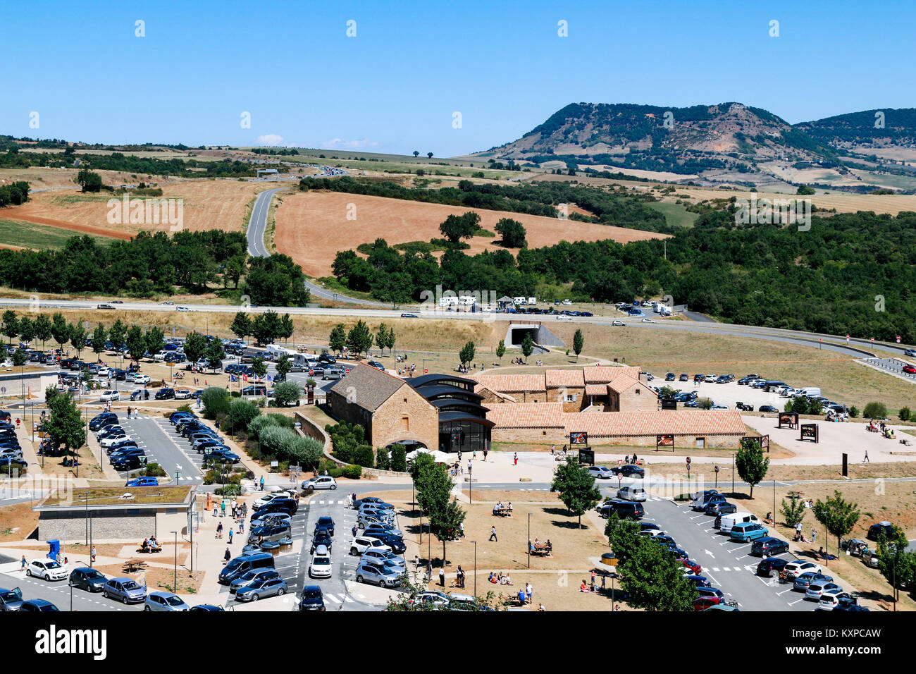 High view over the Visitor Centre at Millau Viaduct, Aveyron, France. The tallest bridge in the world, designed by Norman Foster. Stock Photo