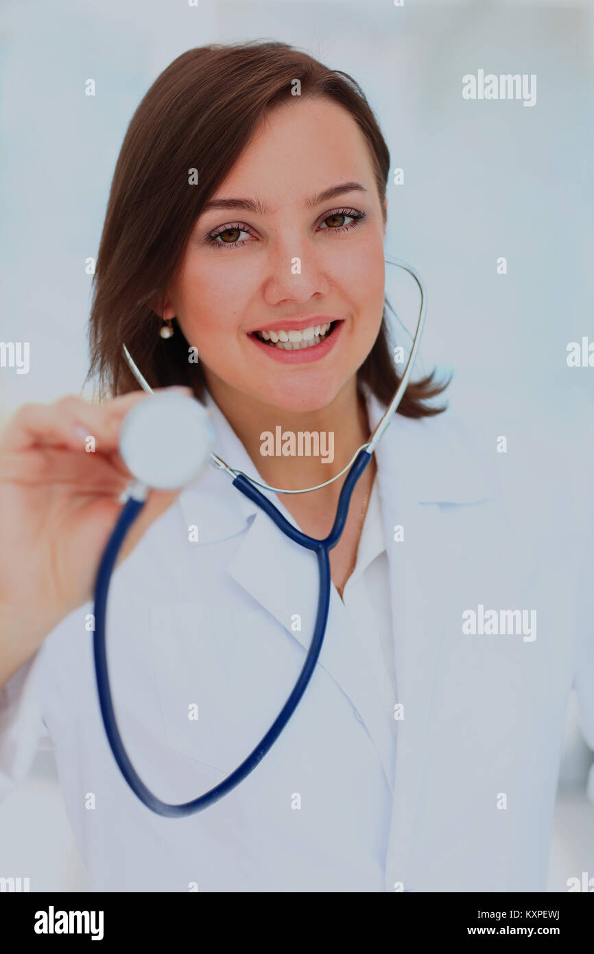 Close-up of female doctor using stethoscope Stock Photo - Alamy
