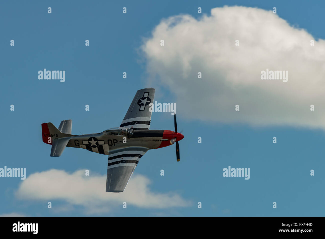 READING, PA - JUNE 3, 2017: NORTH AMERICAN P-51D 'MUSTANG' 'RED NOSE' in flight during World War II reenactment at Mid-Atlantic Air Museum Stock Photo