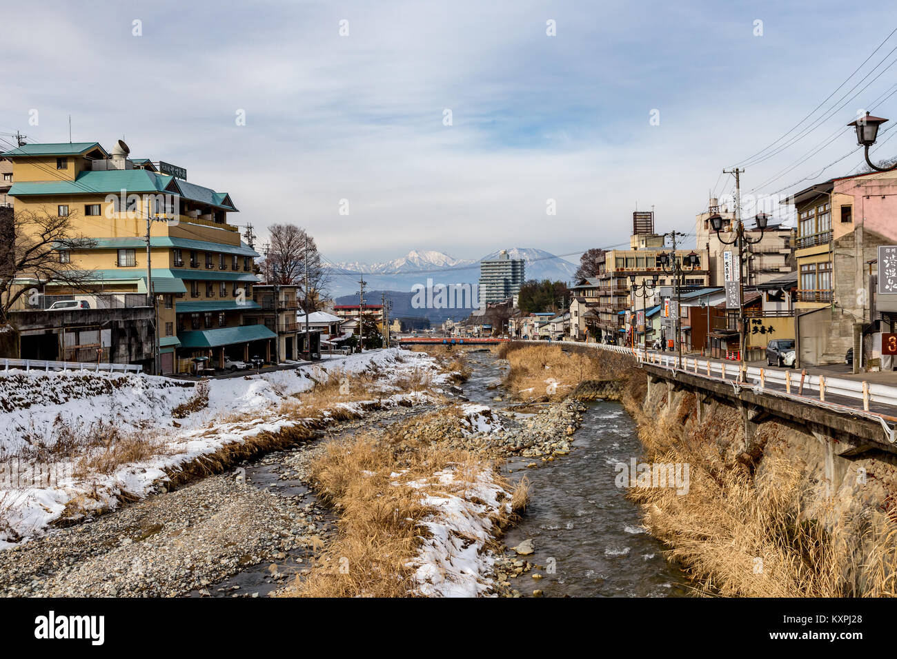 the village of Yamanouchi with the Yokoyu River running through its center. Stock Photo