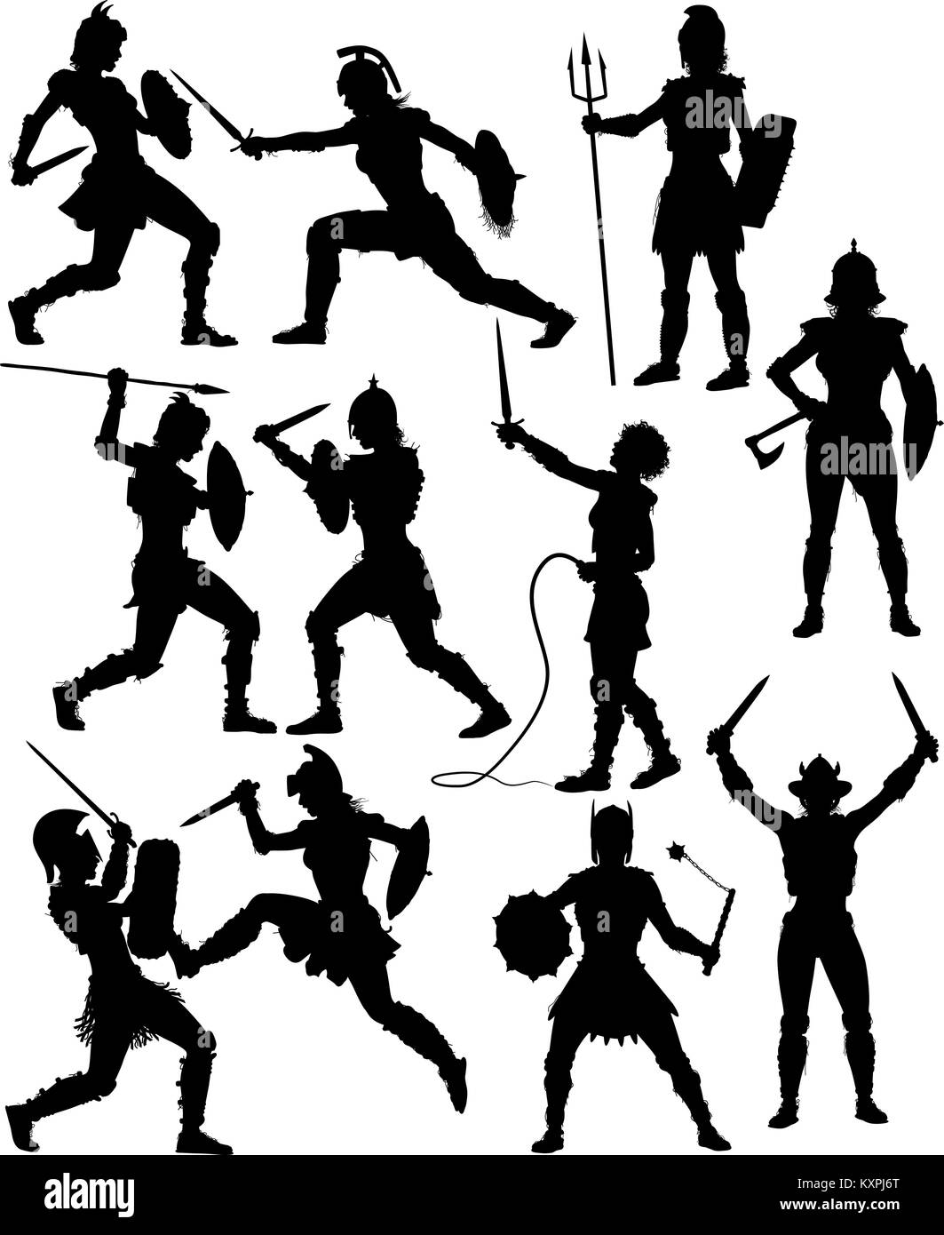 Set of editable vector silhouettes of fighting female gladiators with figures and weapons as separate objects Stock Vector