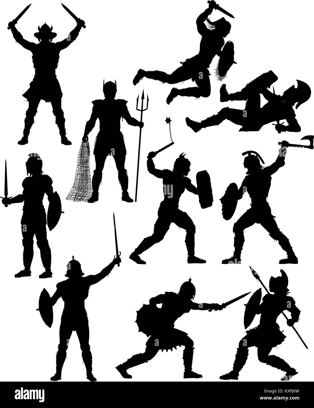 Set of editable vector silhouettes of fighting gladiators with figures and weapons as separate objects Stock Vector