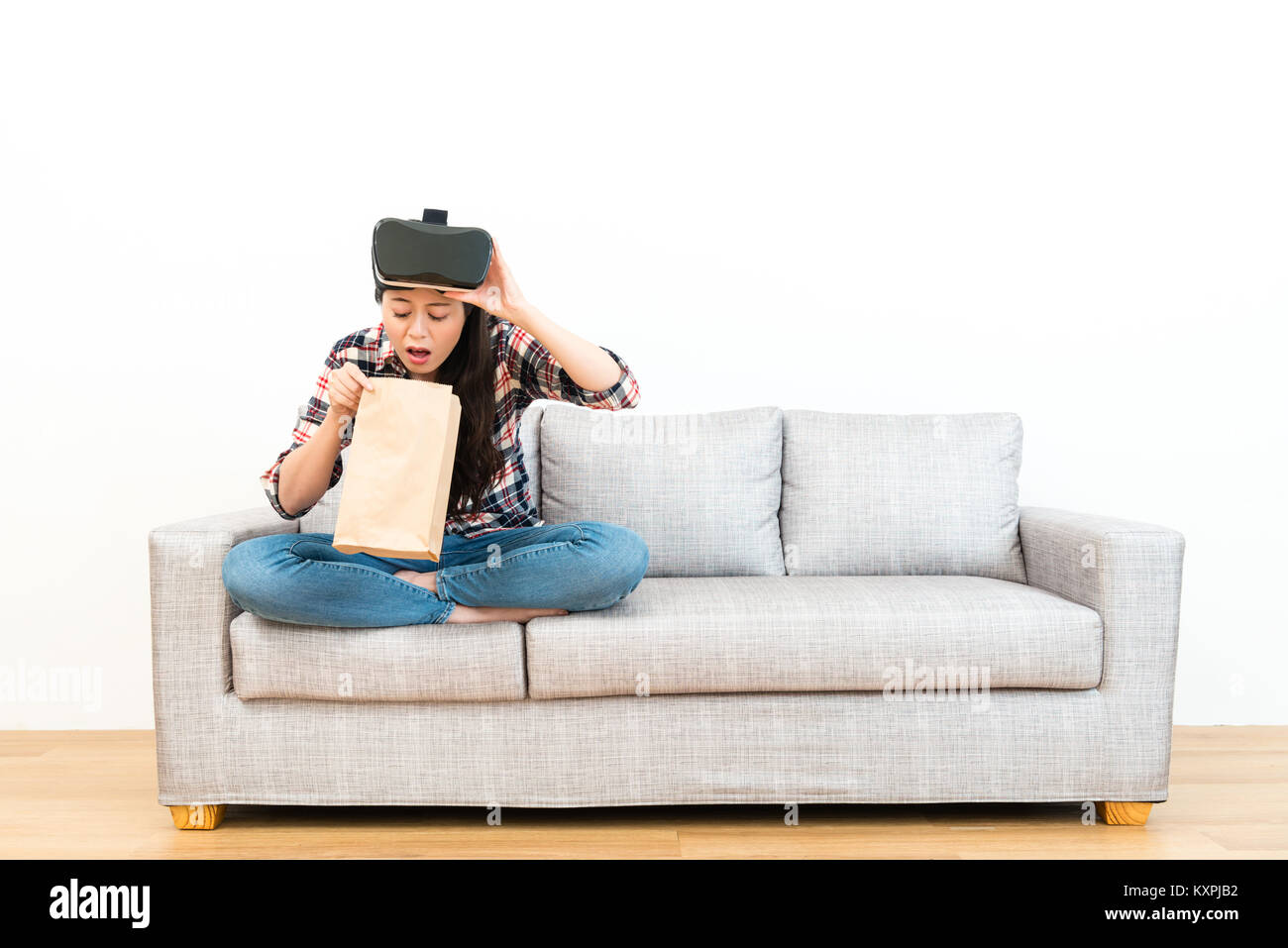 Painful Sick Woman Sitting On Sofa Couch Vomiting Because She