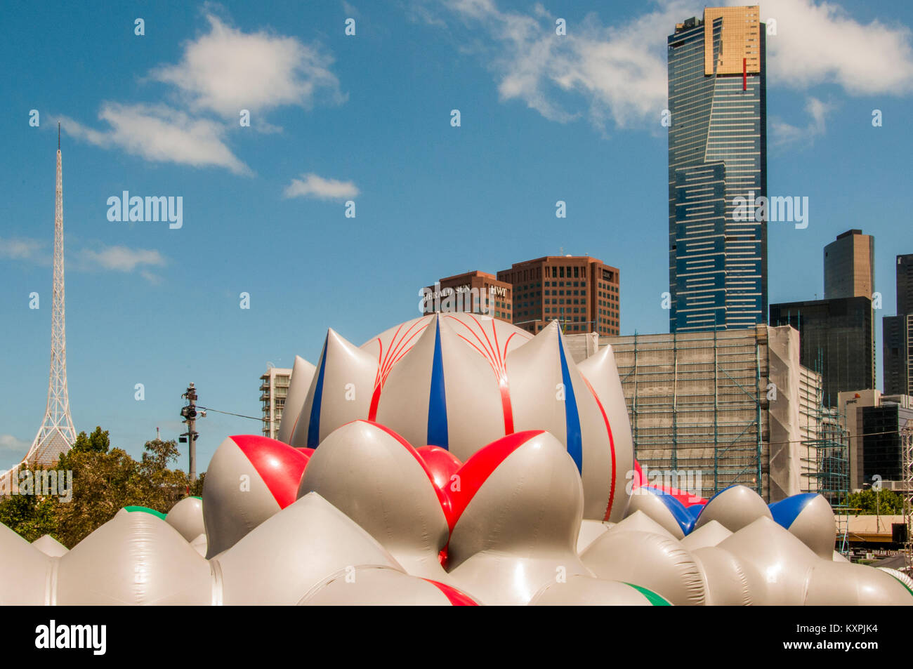 Arboria is a walk-in inflatable installation, set up in Federation Square, Melbourne, until 28 Jan 2018.  Eureka Tower and other Southbank landmarks are visible mid-distance. Stock Photo