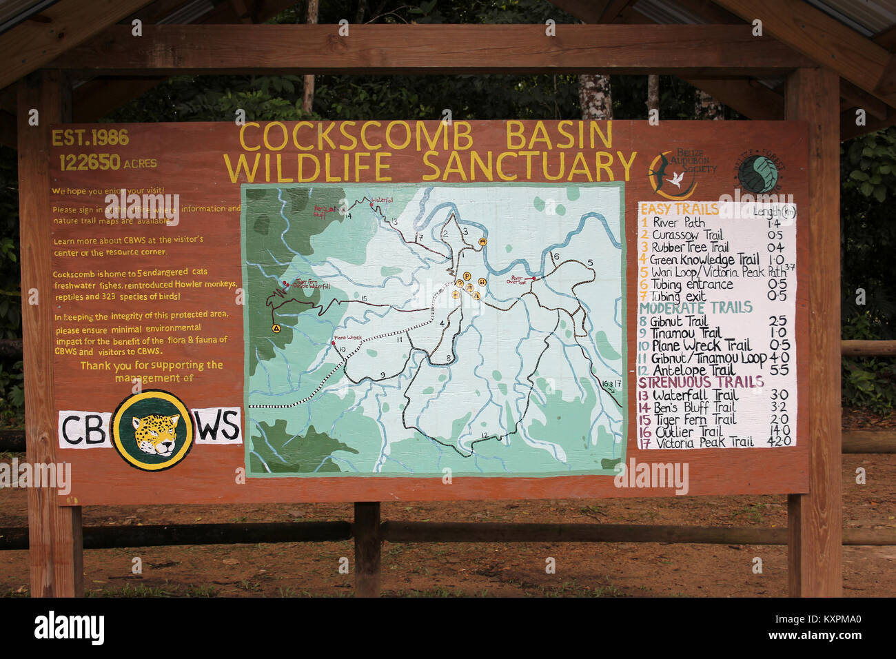 Cockscomb Basin Wildlife Sanctuary Trail Map Stock Photo