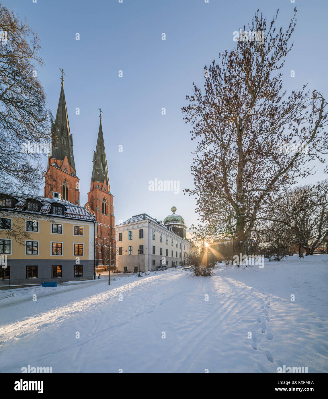 Gustavianum and the Cathedral (Domkyrkan) at the University park with snow int the winter. Uppsala, Sweden, Scandinavia Stock Photo