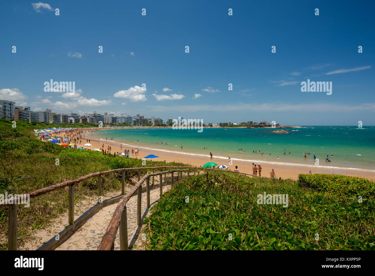 GUARAPARI, ES, BRAZIL - JANUARY 06, 2018: Peracanga Beach crowded in a summer weekend. Stock Photo