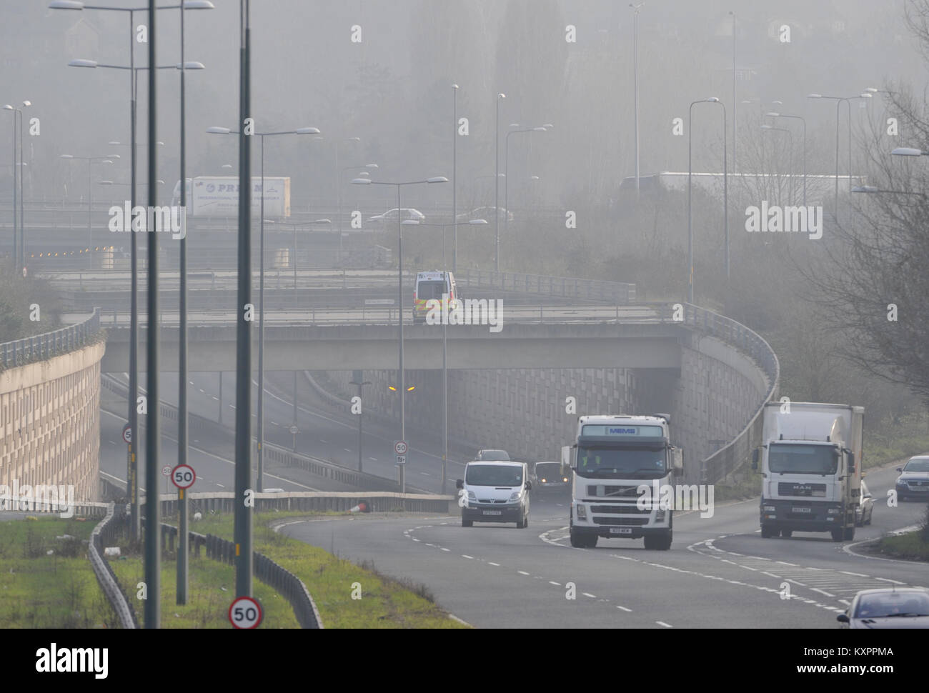 Speed camera van on a bridge over a dual carriageway, UK Stock Photo