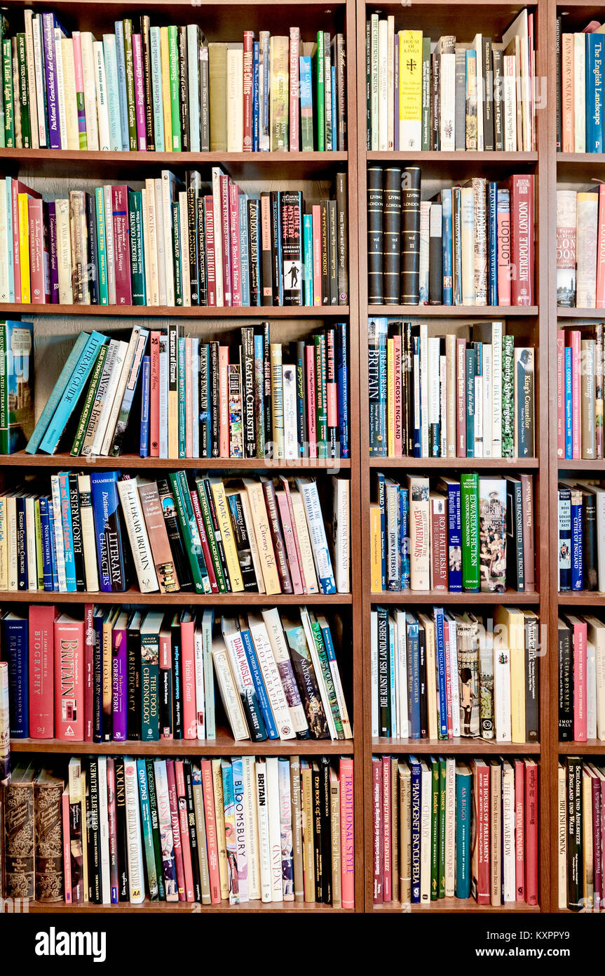 Books in a row on shelves; Bücher aufgereiht in einem Regal Stock Photo