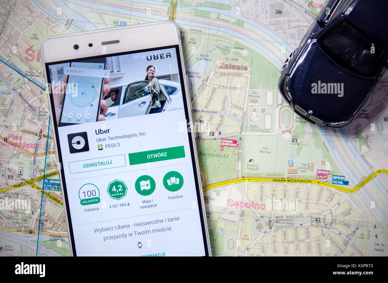 WROCLAW, POLAND - DEC 13,2017 : Uber application in Google Play store. Uber is sharing-economy service for ubran transport. Stock Photo