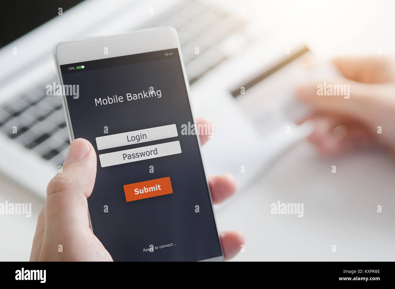 Login to mobile banking account on smart phone. Making payment by mobile application. Stock Photo