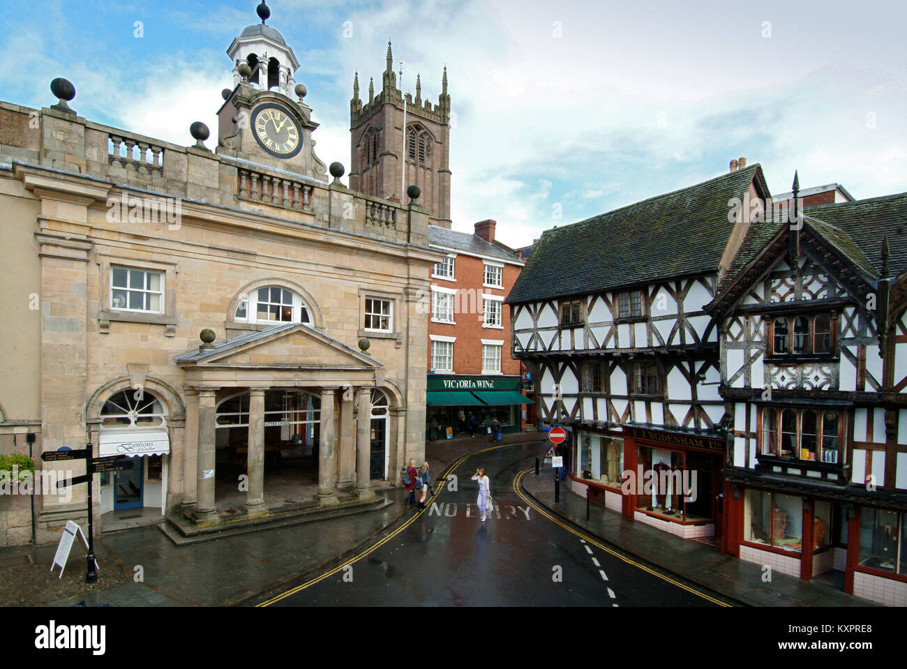 Ludlow, Shropshire town centre showing the town hall (clock) and half ...