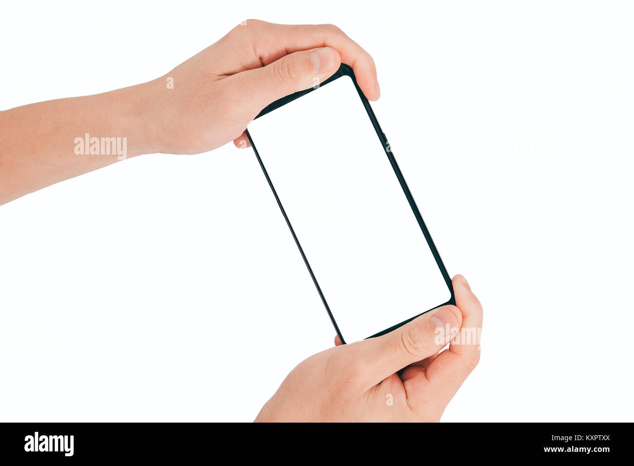 Smartphone Mock up,Two Hand holding mobile phone with black screen isolated on white background with clipping path for design. Stock Photo