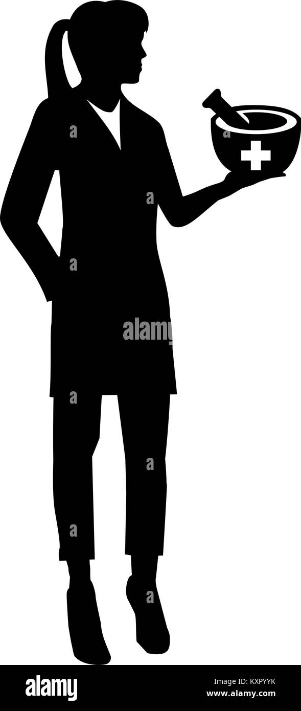 silhouette-of-a-female-pharmacist-with-mortar-and-pestle-stock-vector