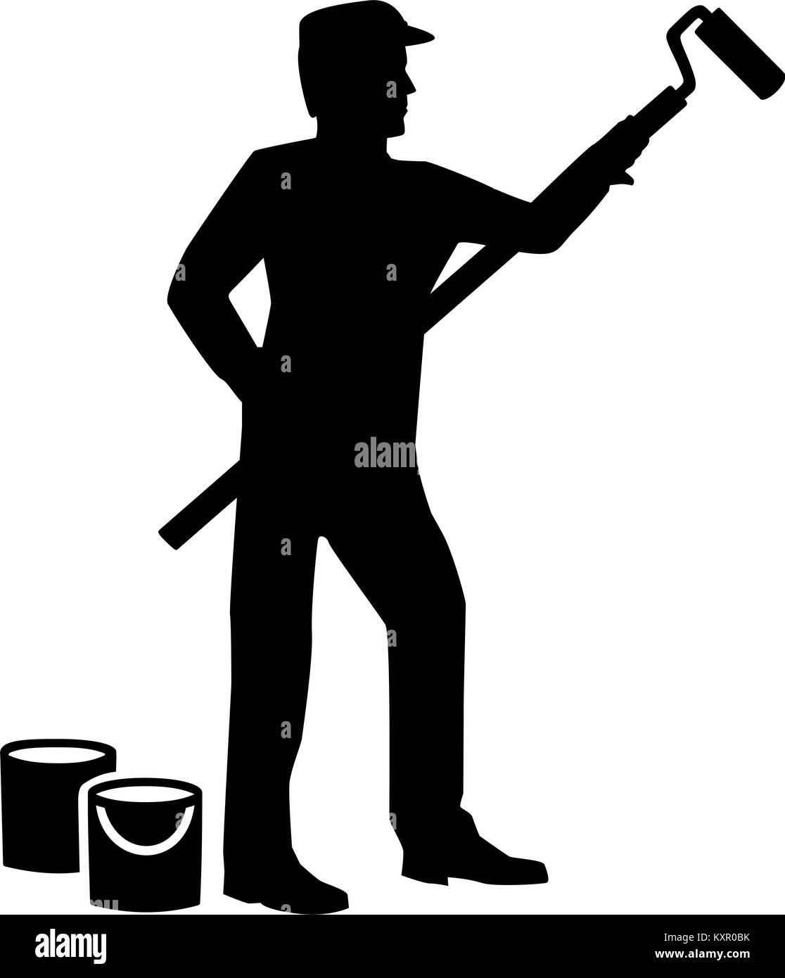 Painter silhouette with roller and paint buckets Stock Vector