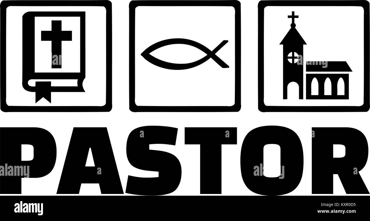 Icons for pastor with bible, religious fish icon and church and job title Stock Vector