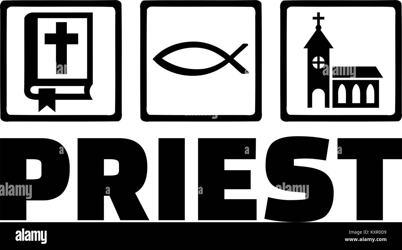 Icons for priest with bible, religious fish icon and church and job title Stock Vector