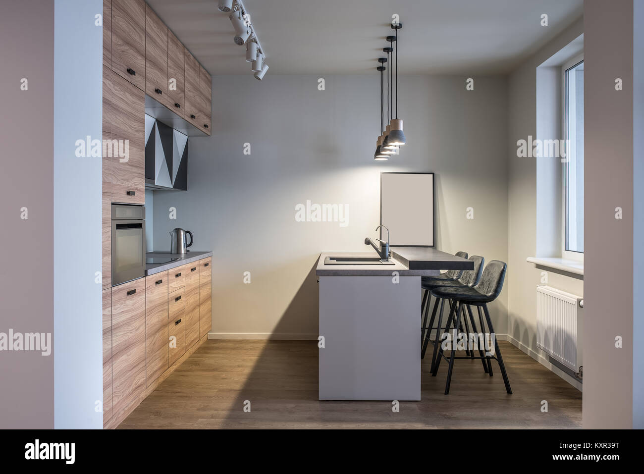 Kitchen In A Modern Style With White Walls And A Parquet On The