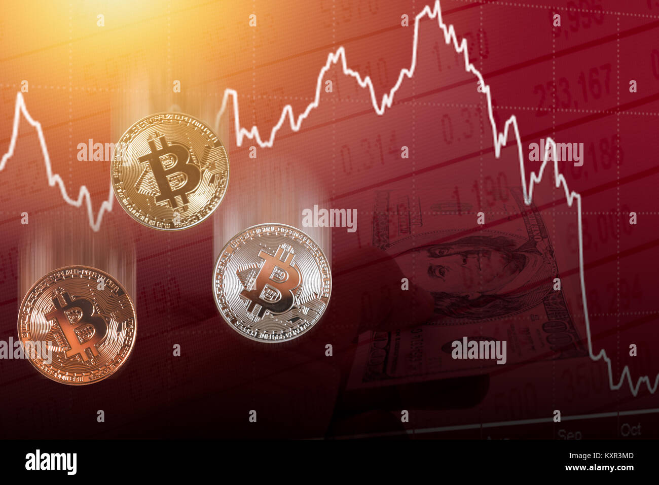bitcoin digital cryptocurrency value price fall drop concept Stock Photo