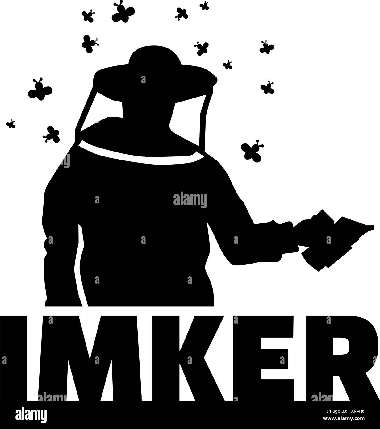 Beekeepter silhouette with bee swarm, bee suit and german job title ...