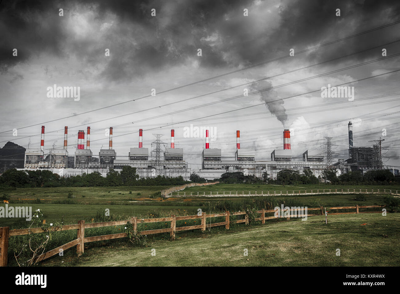 sulfer smoke cloud of pollution from coal power plant air environmental destruction Stock Photo