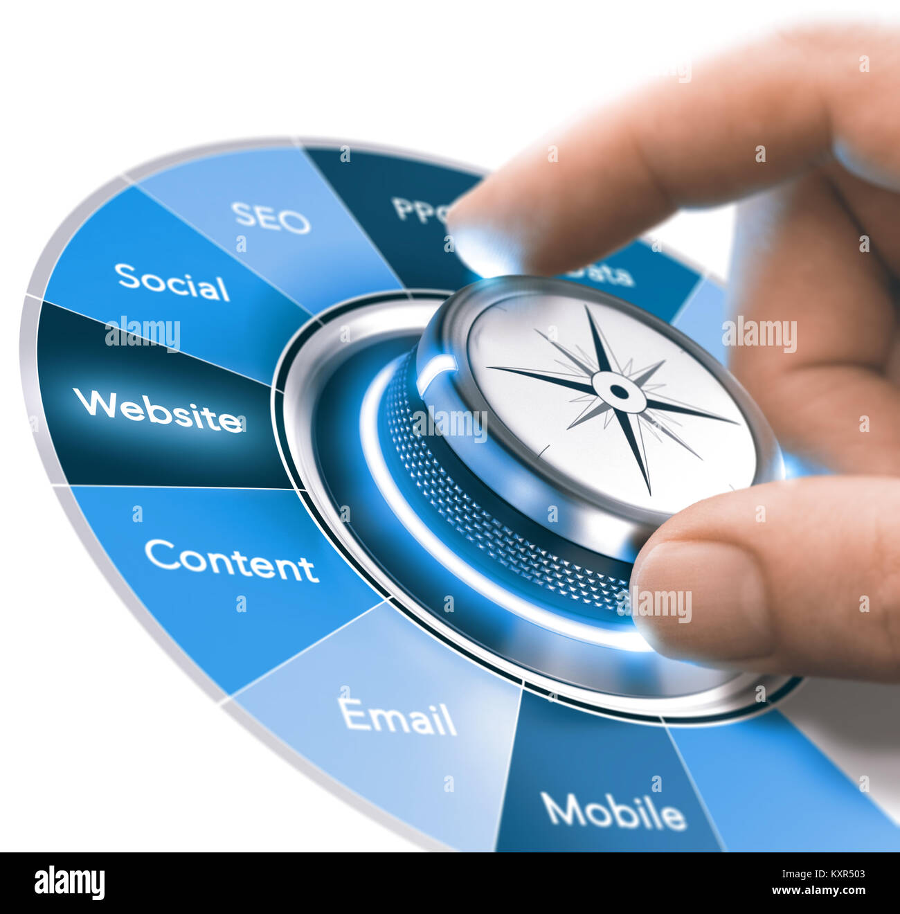 Hand turning an orientation knob over white background and selecting the website option. Concept of digital marketing training. Composite image betwee Stock Photo