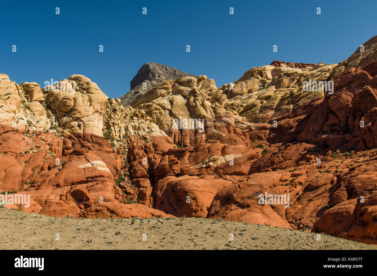 Layers of different colored sandstone on a rocky cliff in Red Rock Canyon National Conservation Area. Stock Photo