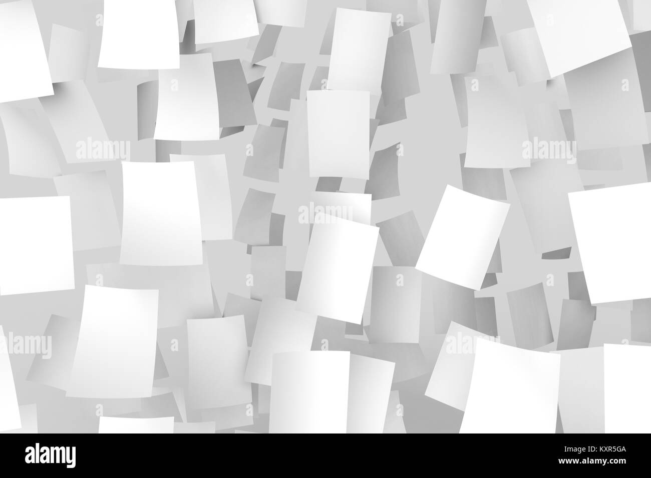 White papers falling from sky. Isolated on soft gray background. 3D illustrating. Stock Photo