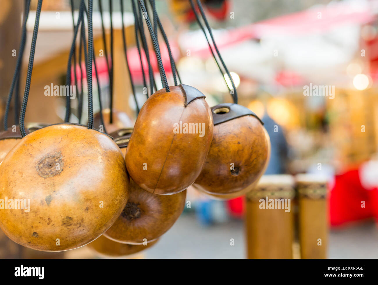 Spanish castanets. Close up of brown castanets, music instruments, rhythm marker. Stock Photo