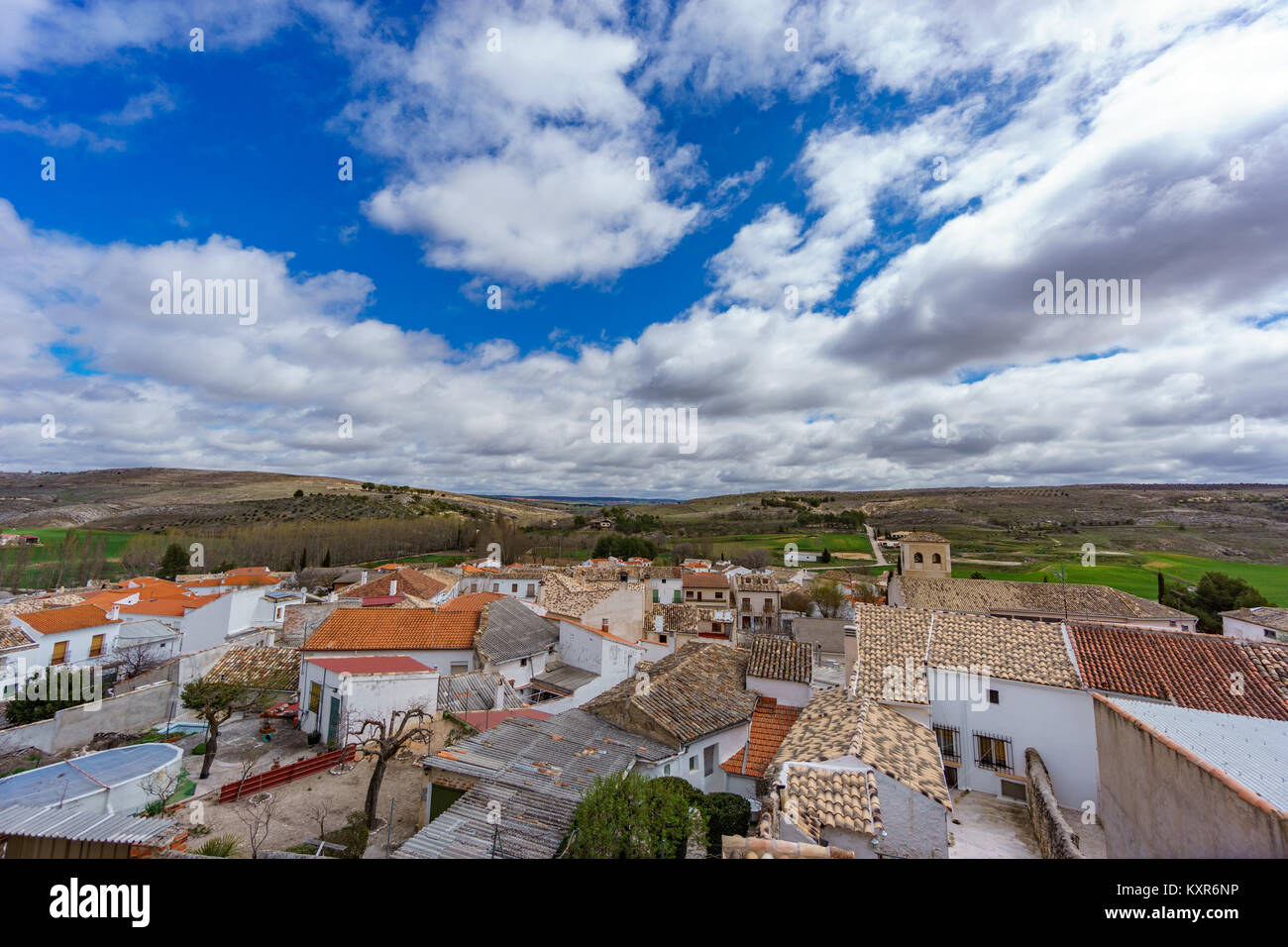 Ucles village roofs, cloudy sky Stock Photo