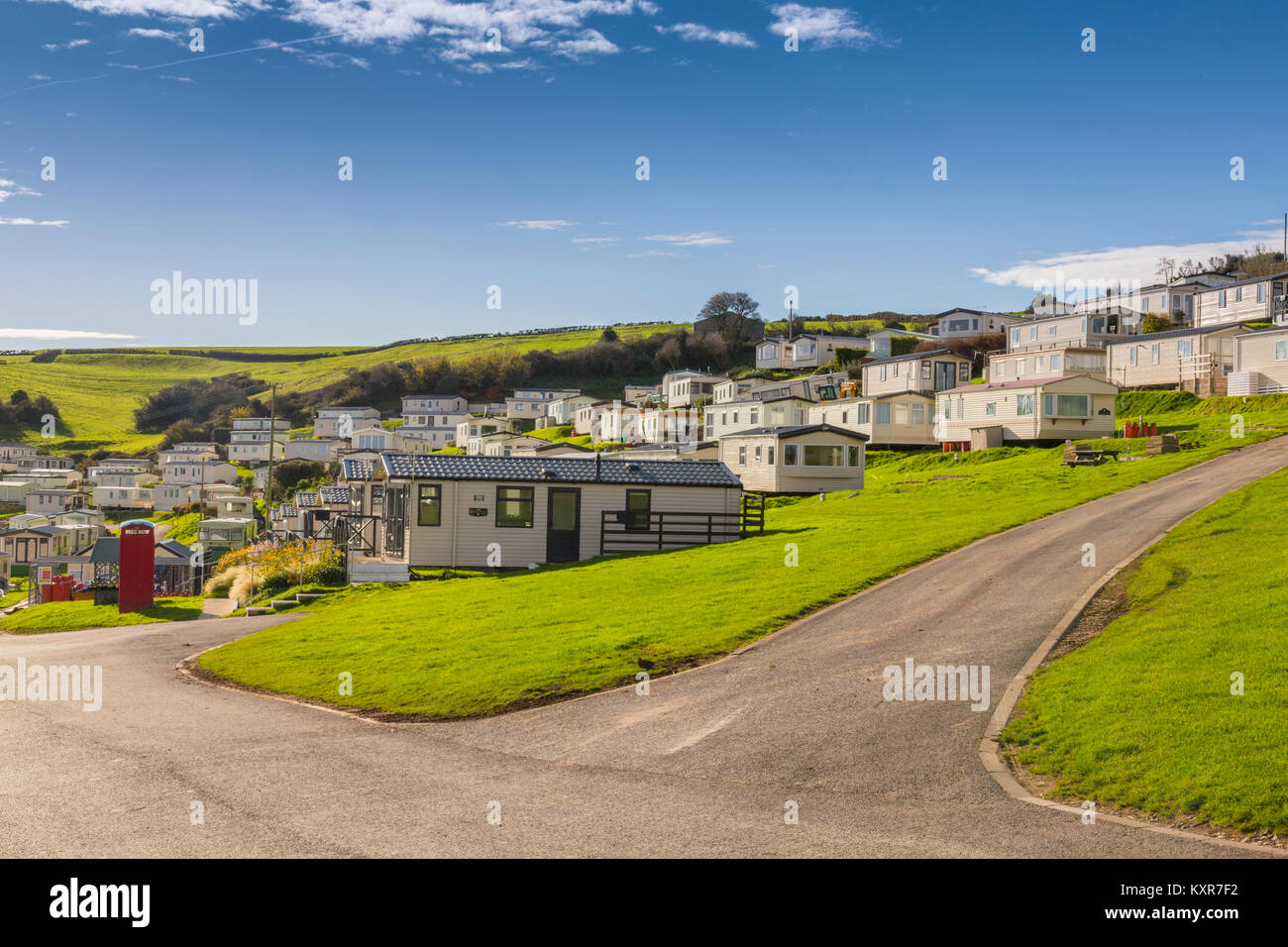 An unsightly collection of permanent caravan pitches close to the S.W. Coast Path at Beer on the Jurassic Coast, Devon, England, UK Stock Photo