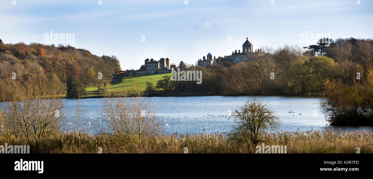 UK, England, Yorkshire, Coneysthorpe, Castle Howard and Ray Wood from across the Great Lake, panoramic Stock Photo