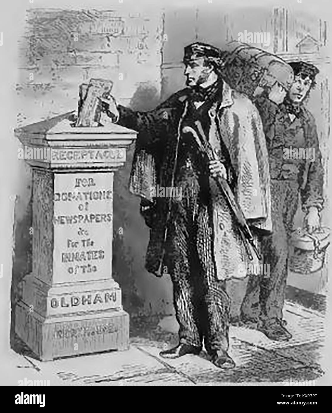 RECYCLING - A box for the donation of newspapers  at the railway station Oldham, Lancashire, UK in  1863 Stock Photo