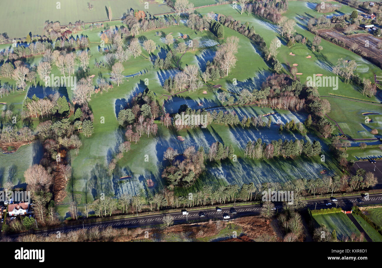 aerial view of frosty shadows from tress on a golf course, Cheshire, UK Stock Photo