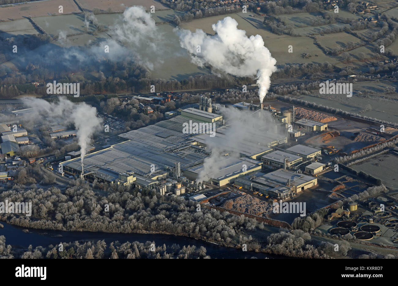 aerial view of a smoky polluting factory on a frosty day in Hexham, Northumberland, UK Stock Photo