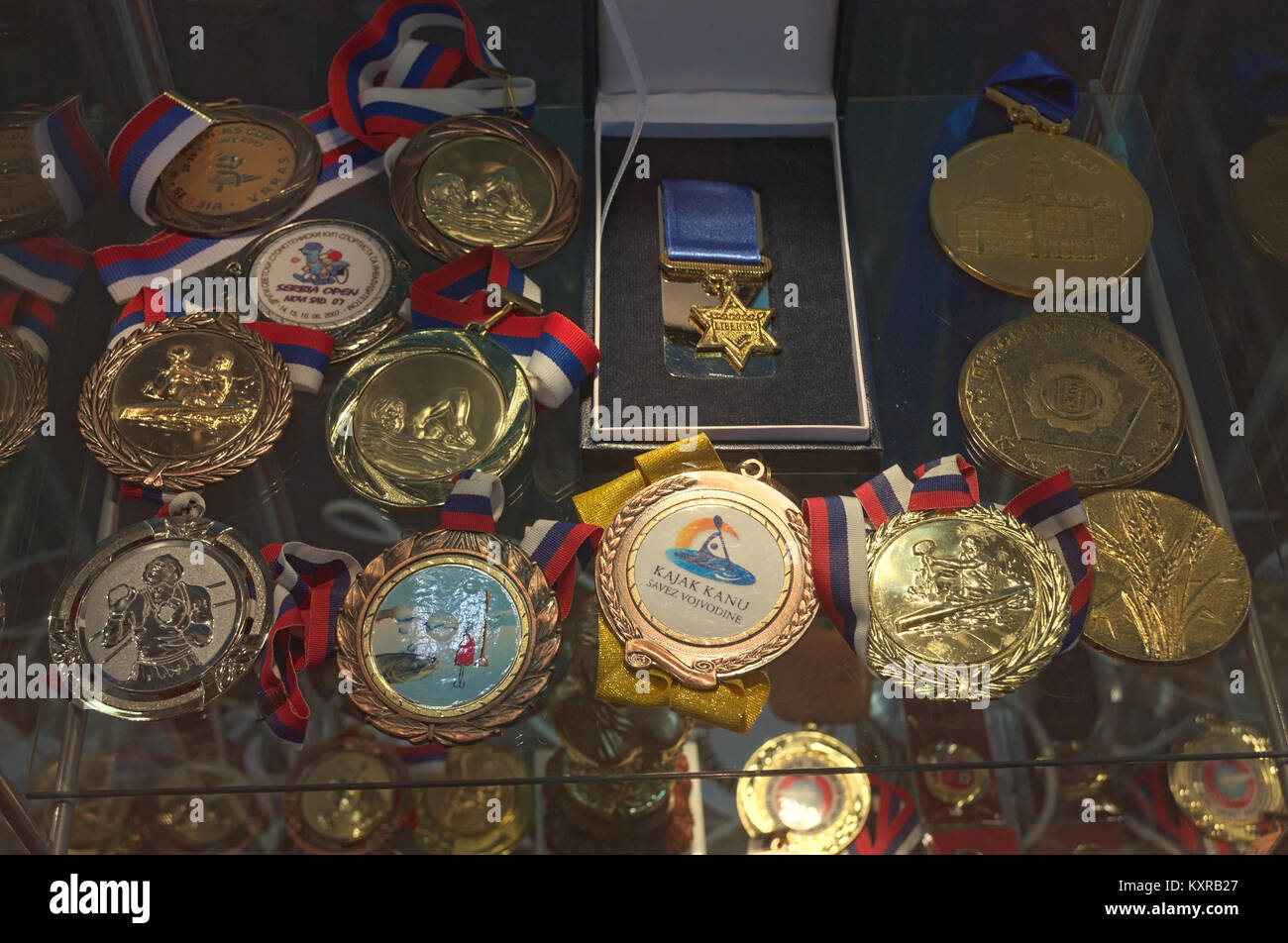Showing of various medals dedicated to Novi Sad, Serbia Stock Photo