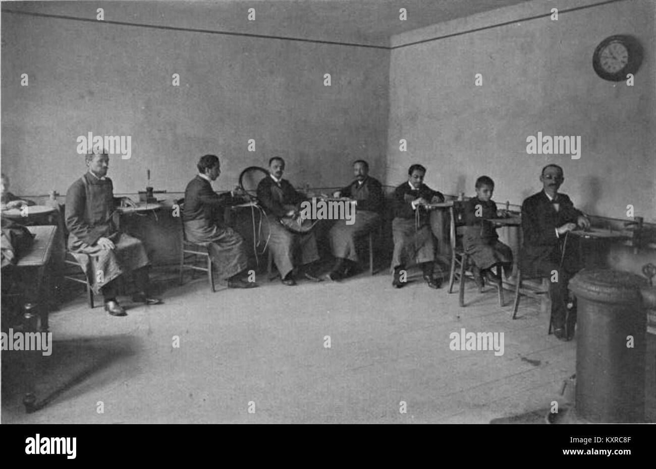 A photograph showing blind institute inmates in Bucharest at work, offering a glimpse into the social and work environments of the time. Stock Photo