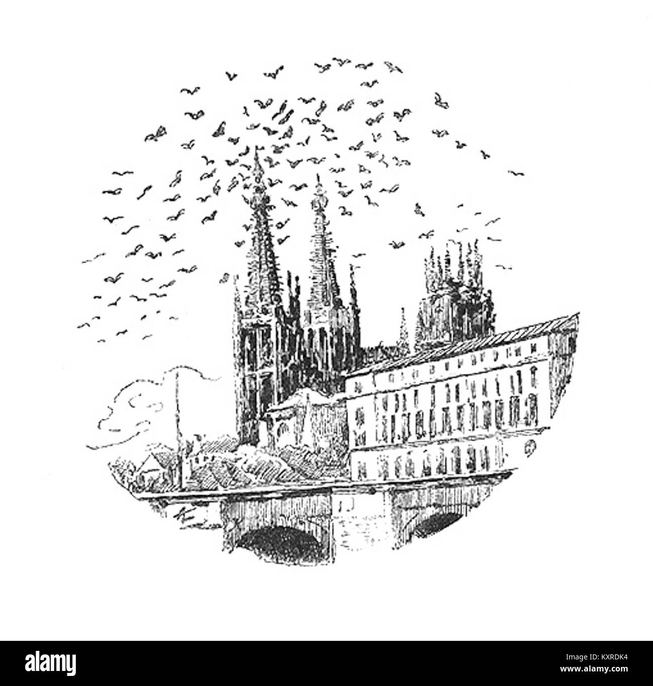 Burgos, puente de San Pablo, Teatro Principal y catedral, Ilustración de 'Napoleón en Chamartín' de Galdós Stock Photo