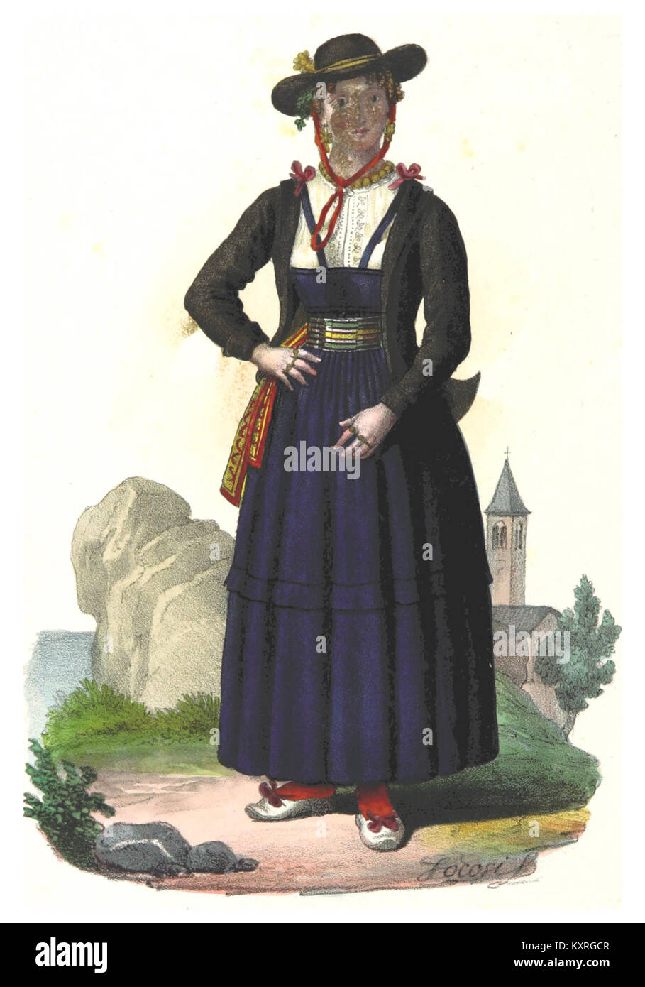 Lithograph from 1846 by Carrara depicting a peasant woman from Blatta, Dalmatia. The image illustrates traditional regional attire and social representation of the time. Stock Photo