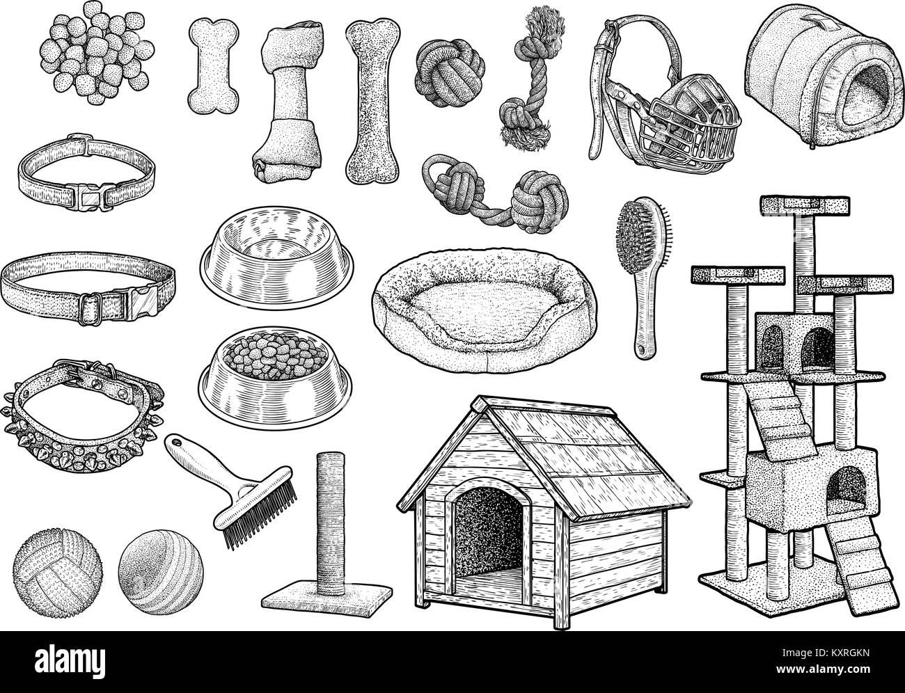 Pet toy collection illustration, drawing, engraving, ink, line art,   vector Stock Vector
