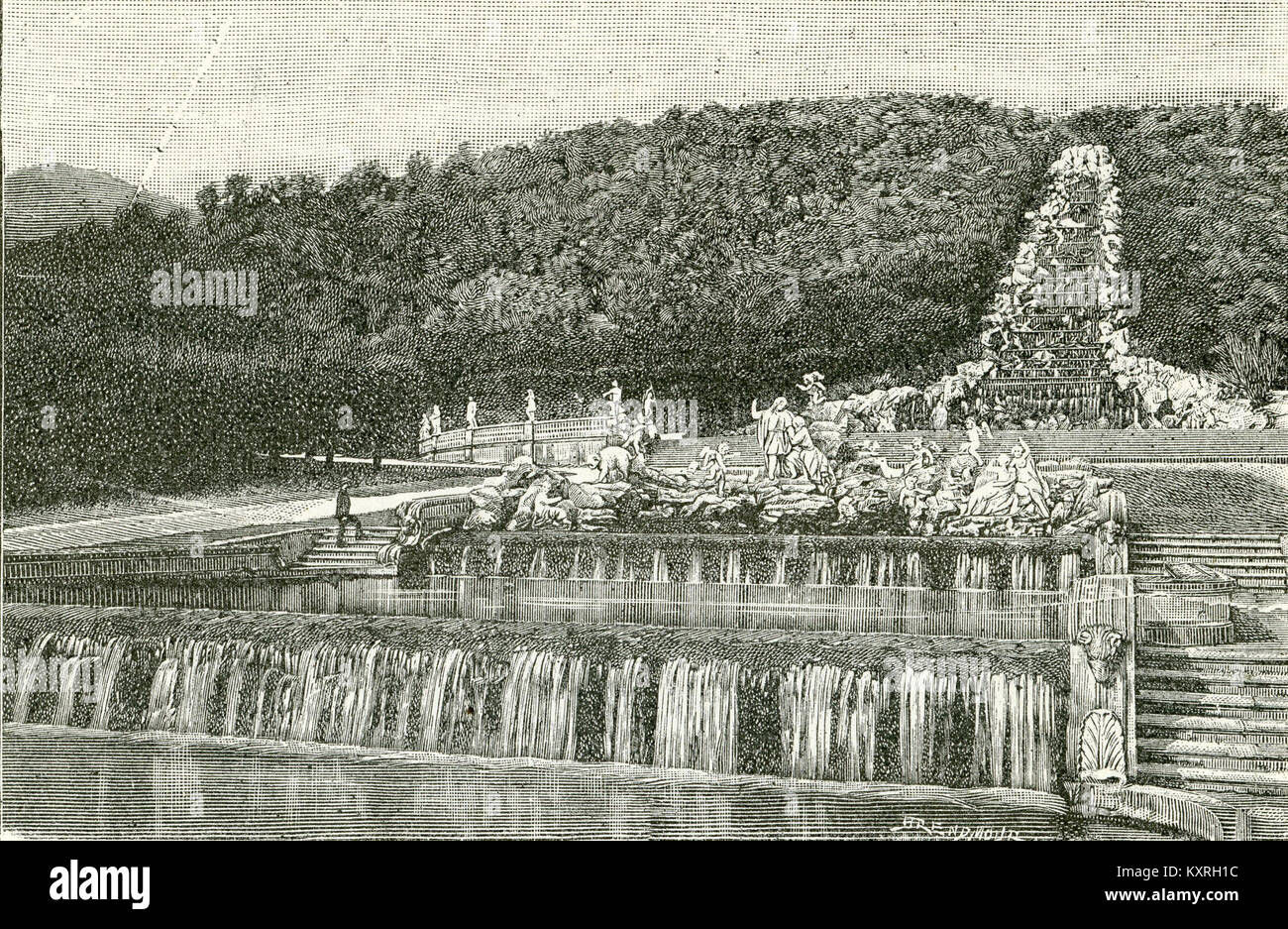 The image from Brend'amour in 1898 showcases the cascading water feature in the Royal Garden of Caserta, Italy. The water feature highlights the grandeur of the garden's design and its royal significance. Stock Photo