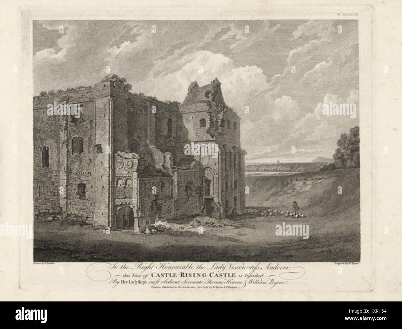 An artistic rendering by William Byrne of Castle Rising, a historic ...