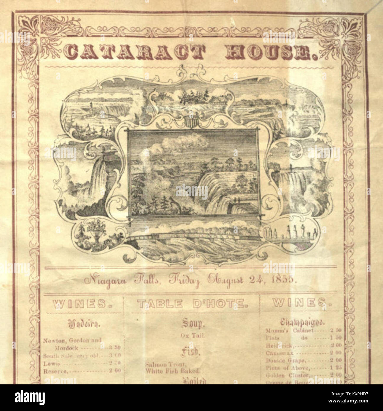 An original 1855 menu from the Cataract House restaurant in Niagara ...