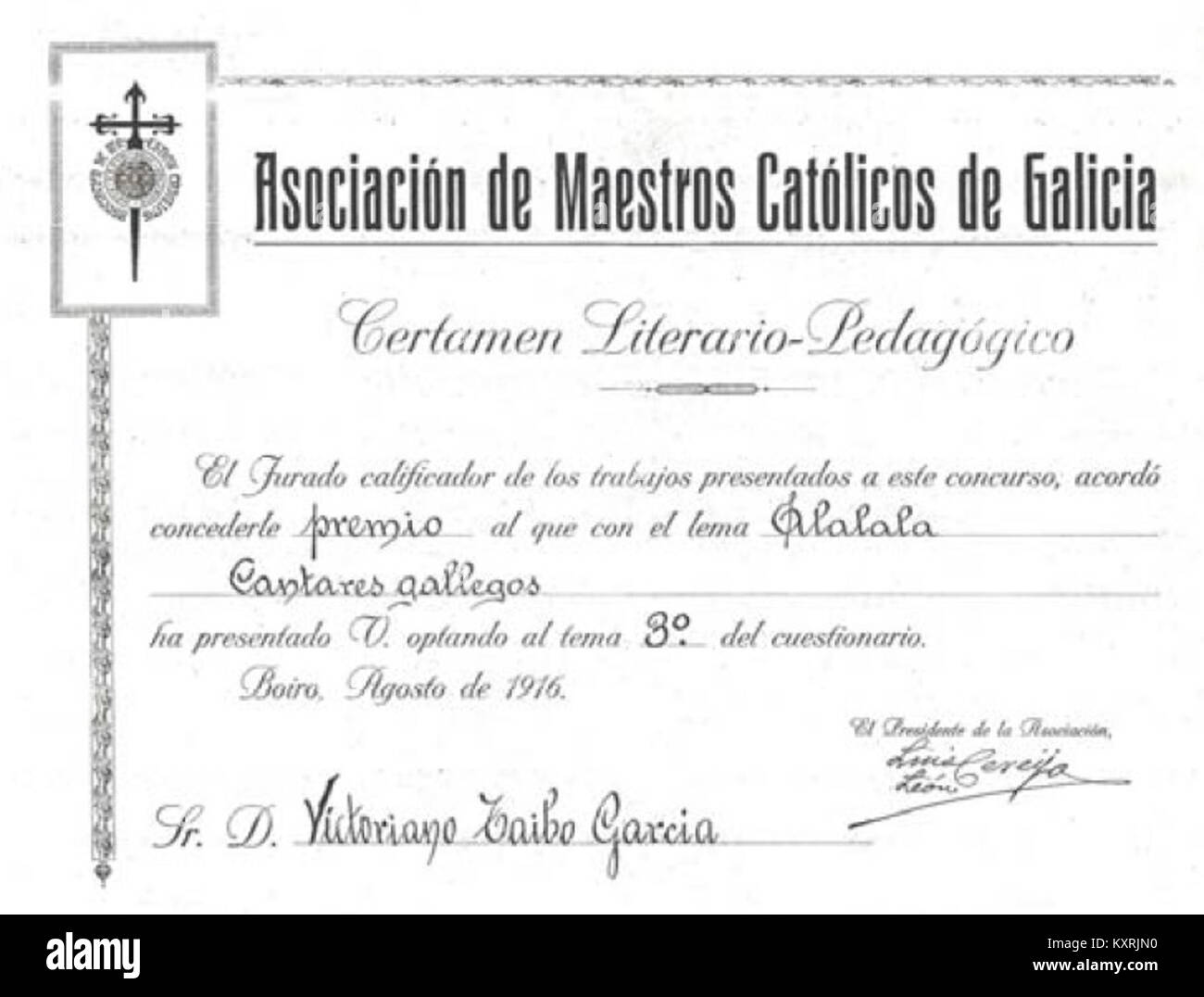 Certamen literario-pedagógico, premio a Victoriano Taibo García, Boiro, Agosto de 1916 Stock Photo