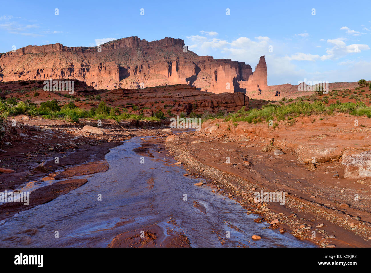 Sunset at Fisher Towers - A Springtime sunset at Onion Creek, near the famous Fisher Towers. Colorado River Scenic Byway (U-128), Moab, Utah, USA. Stock Photo