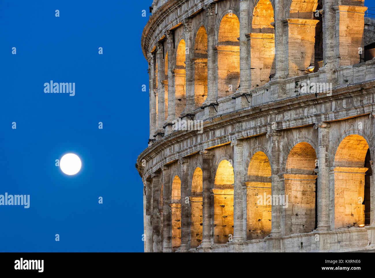 Roman Coliseum detail at night, Rome, Italy. Stock Photo