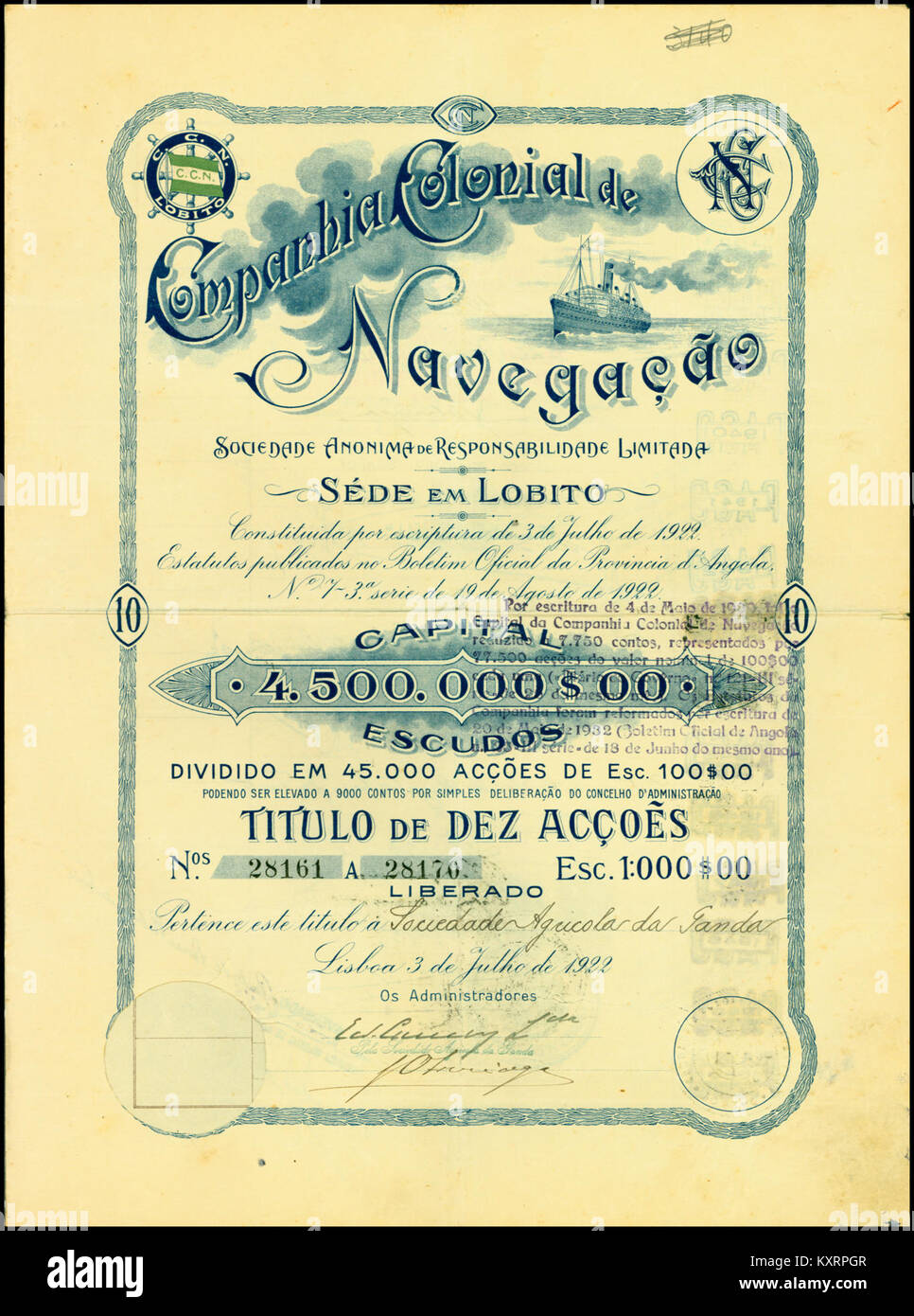Companhia Colonial de Navegação 1922 Stock Photo