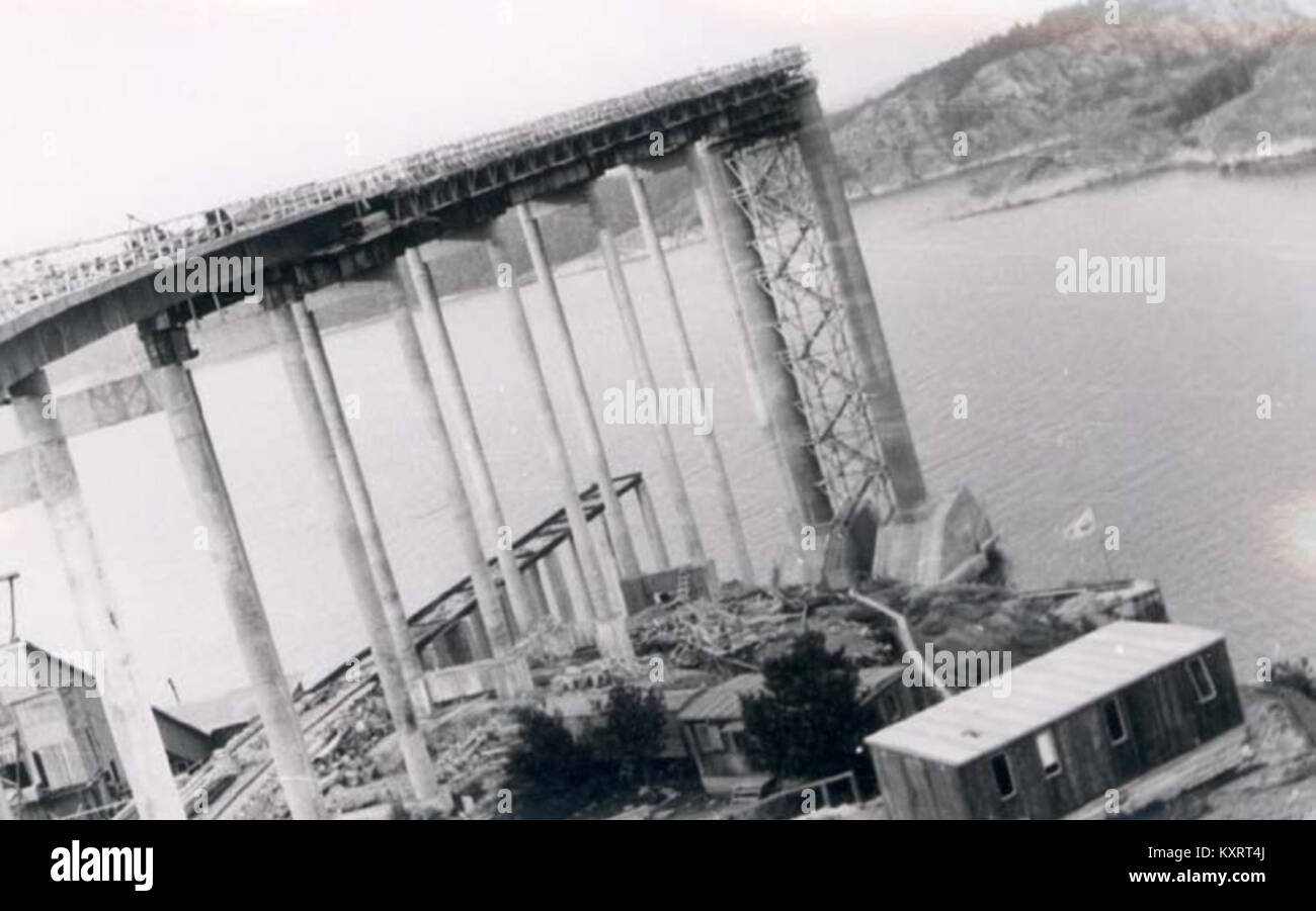 Photograph documenting the construction of the Almö Bridge in Sweden on ...