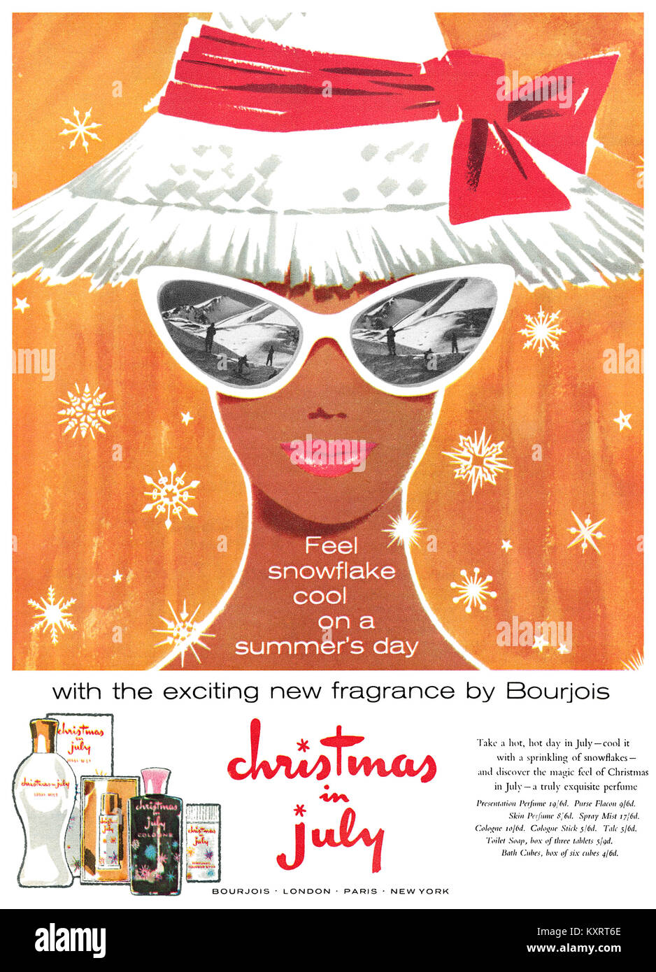 1960 British advertisement for Christmas In July perfume and toiletries by Bourjois. Stock Photo