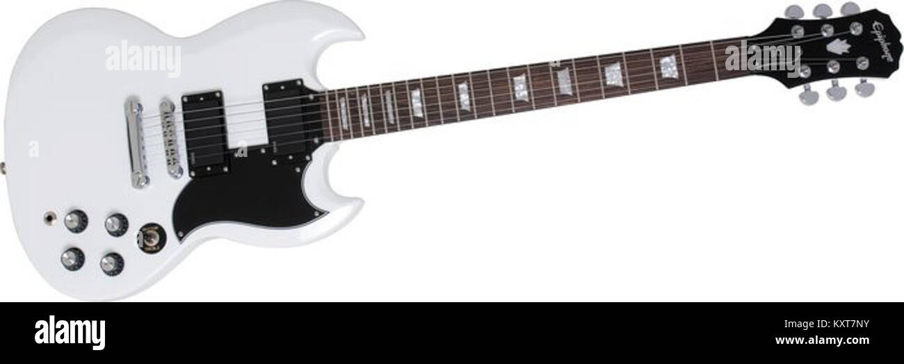 An Epiphone SG G-400 electric guitar in Alpine White, equipped